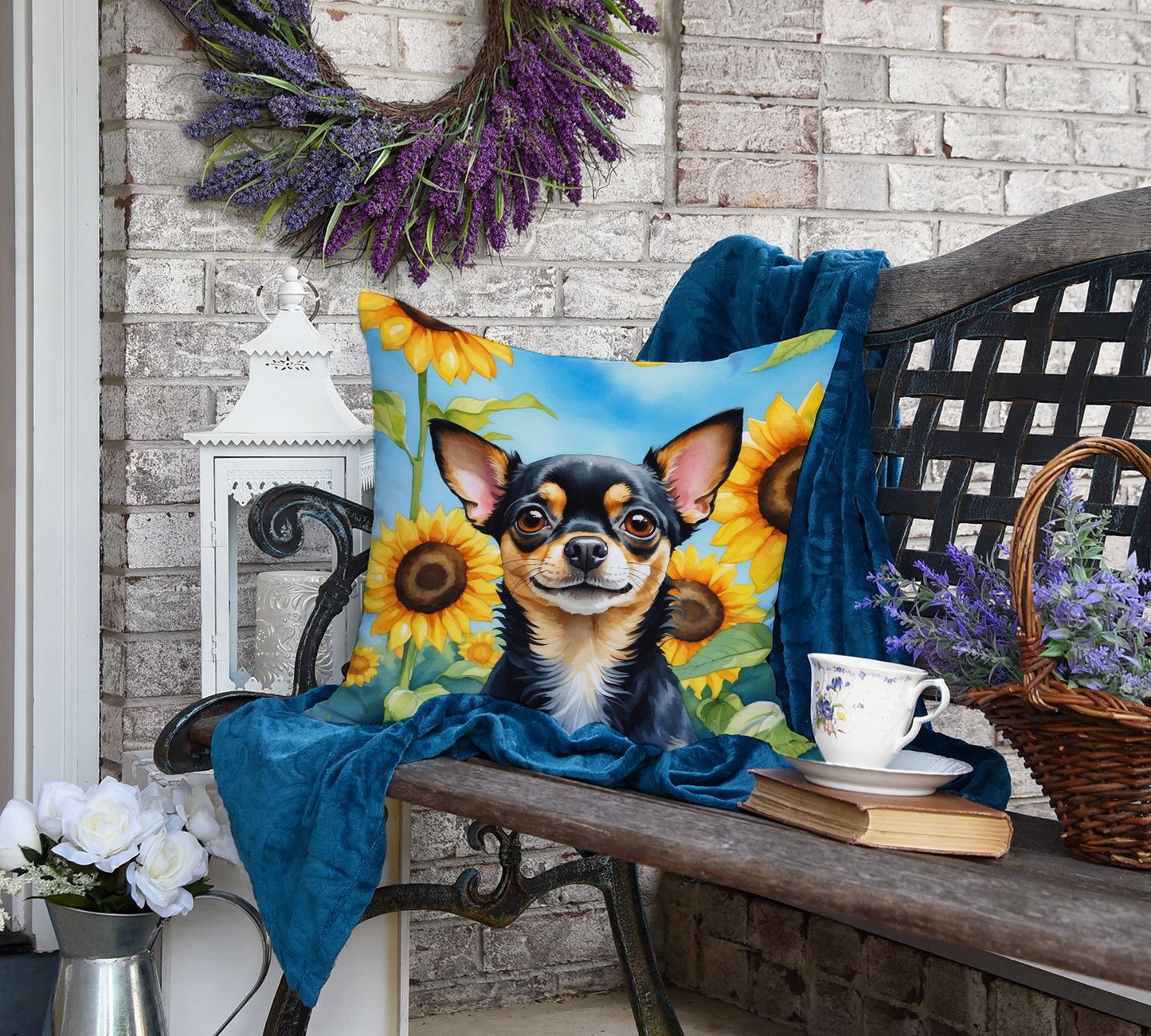 Chihuahua in Sunflowers Throw Pillow