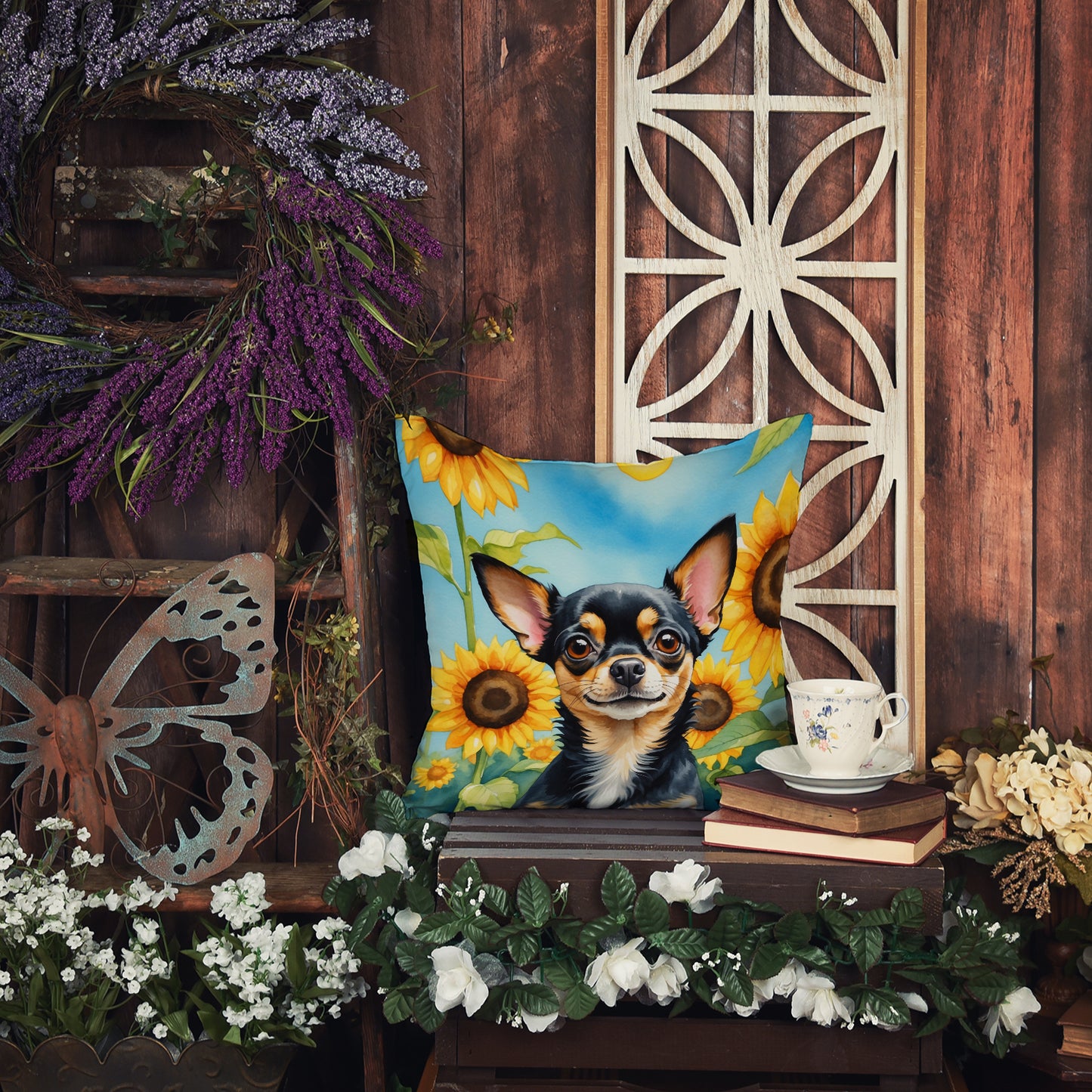 Chihuahua in Sunflowers Throw Pillow