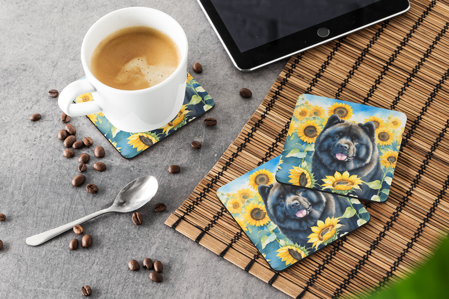 Chow Chow in Sunflowers Foam Coasters