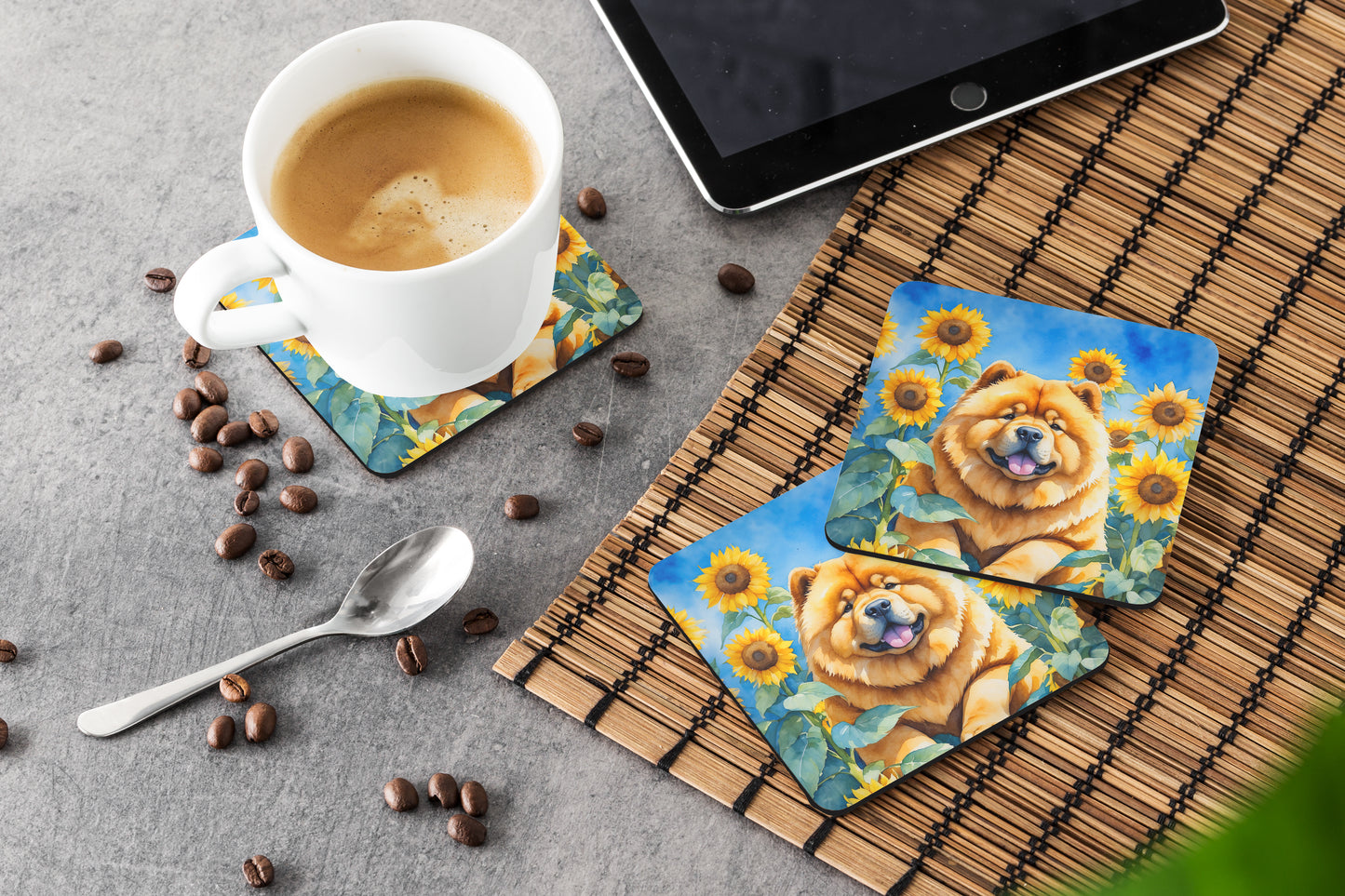 Chow Chow in Sunflowers Foam Coasters