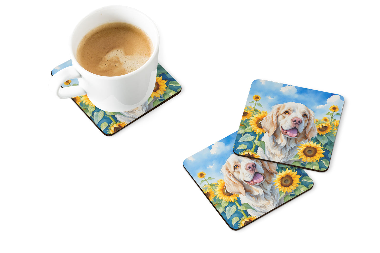 Clumber Spaniel in Sunflowers Foam Coasters