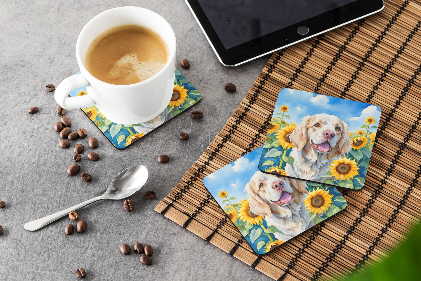 Clumber Spaniel in Sunflowers Foam Coasters