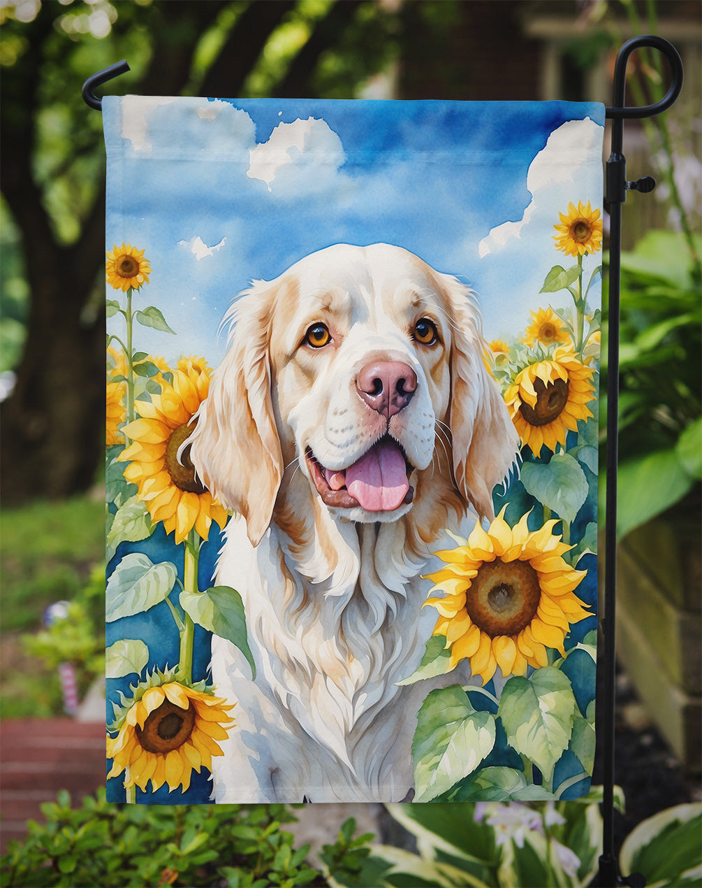 Clumber Spaniel in Sunflowers Garden Flag