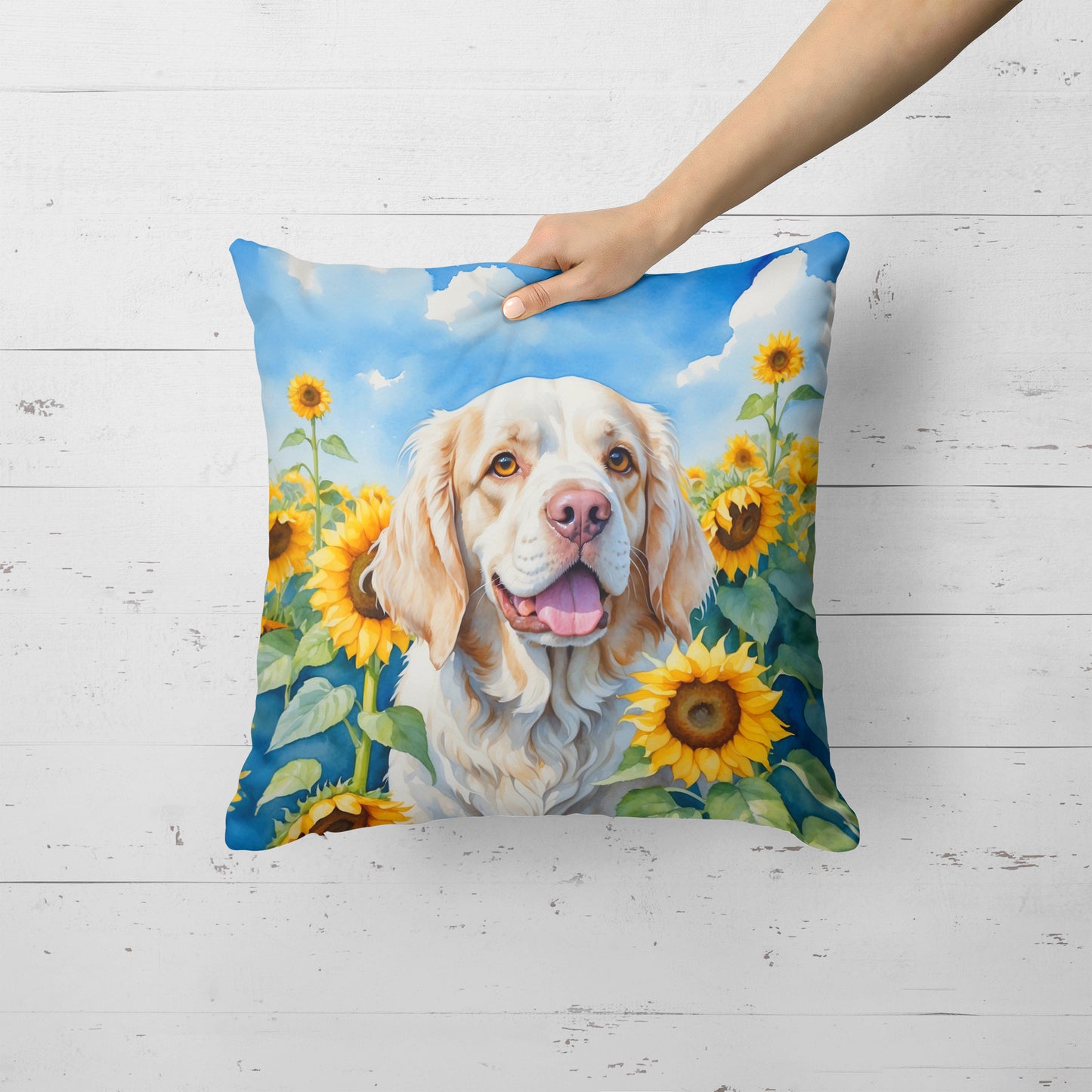 Clumber Spaniel in Sunflowers Throw Pillow