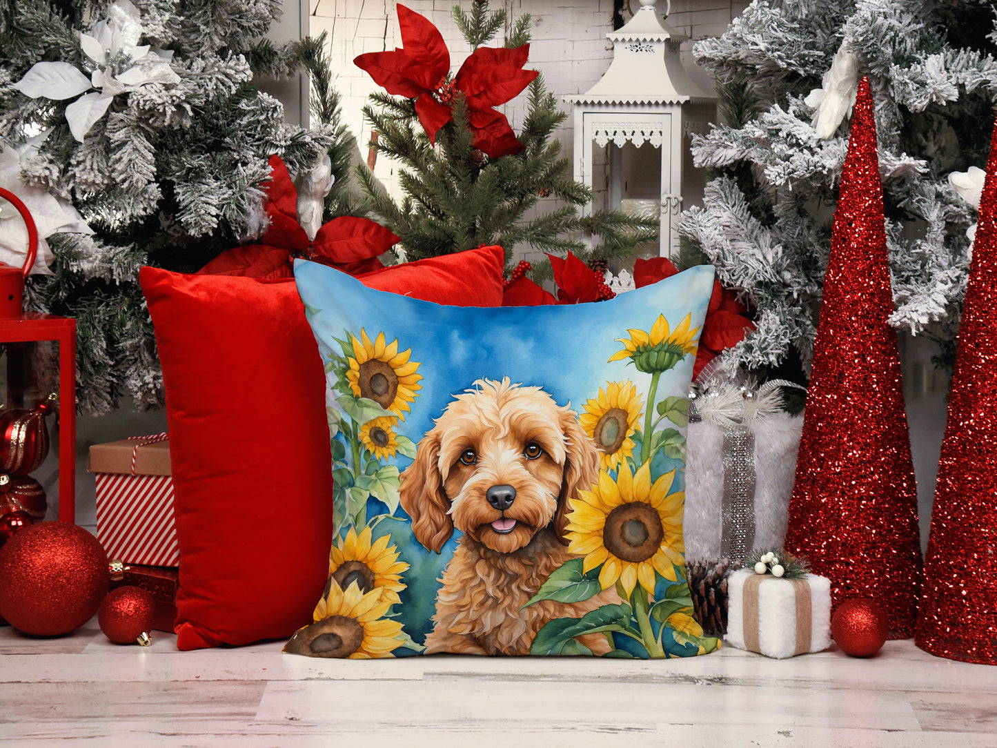 Cockapoo in Sunflowers Throw Pillow