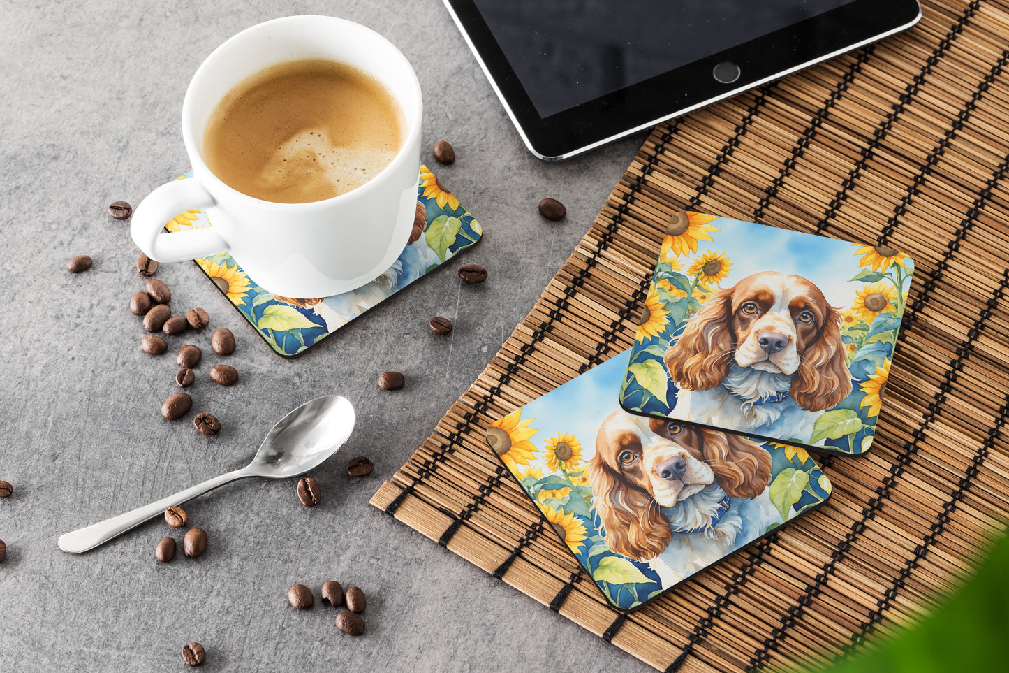 Cocker Spaniel in Sunflowers Foam Coasters