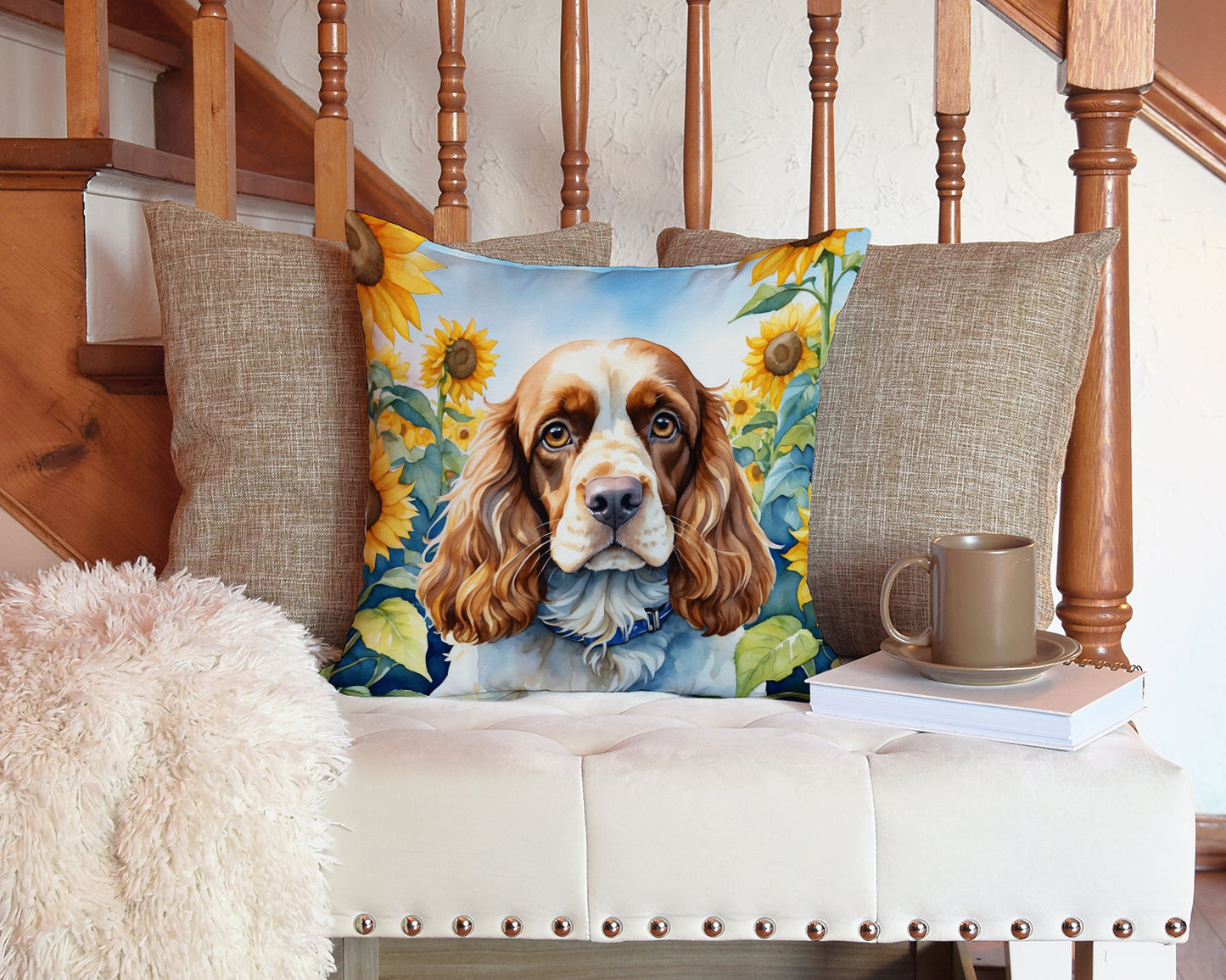 Cocker Spaniel in Sunflowers Throw Pillow