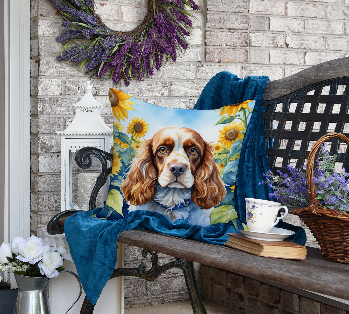 Cocker Spaniel in Sunflowers Throw Pillow