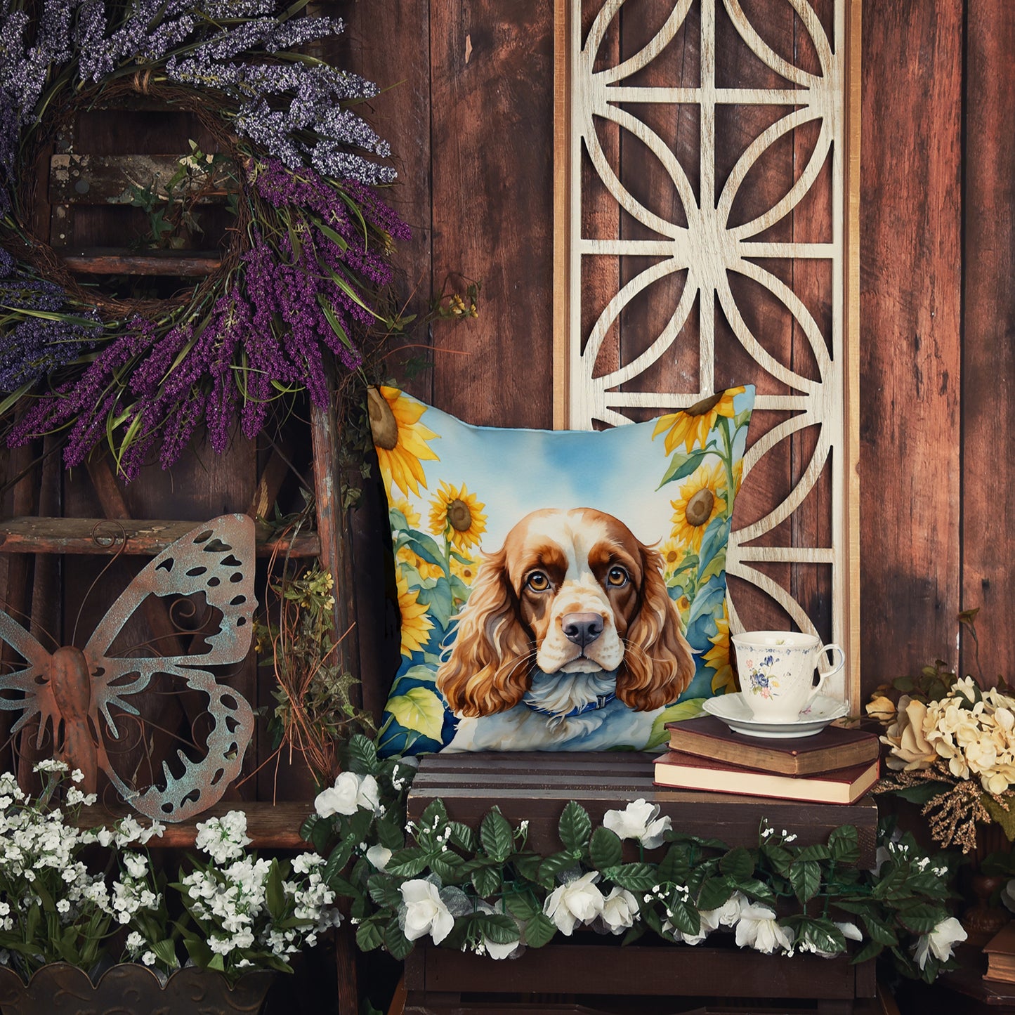 Cocker Spaniel in Sunflowers Throw Pillow