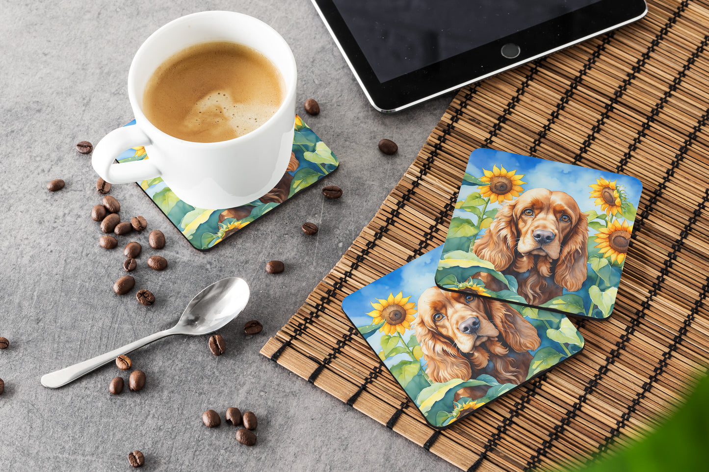 Cocker Spaniel in Sunflowers Foam Coasters
