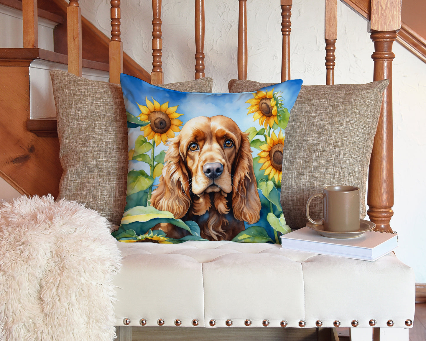 Cocker Spaniel in Sunflowers Throw Pillow