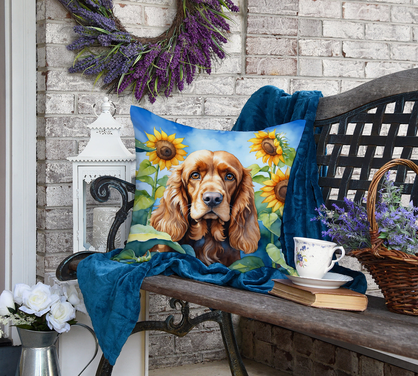 Cocker Spaniel in Sunflowers Throw Pillow