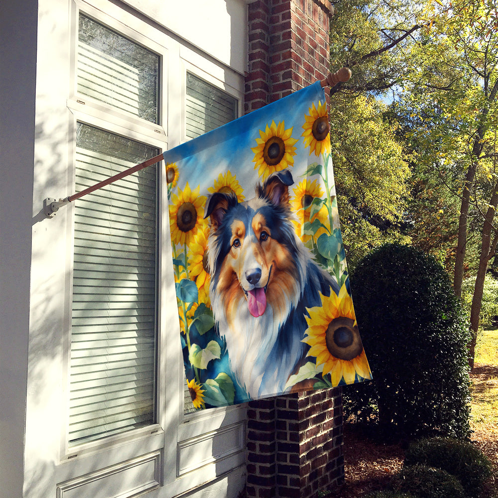 Collie in Sunflowers House Flag