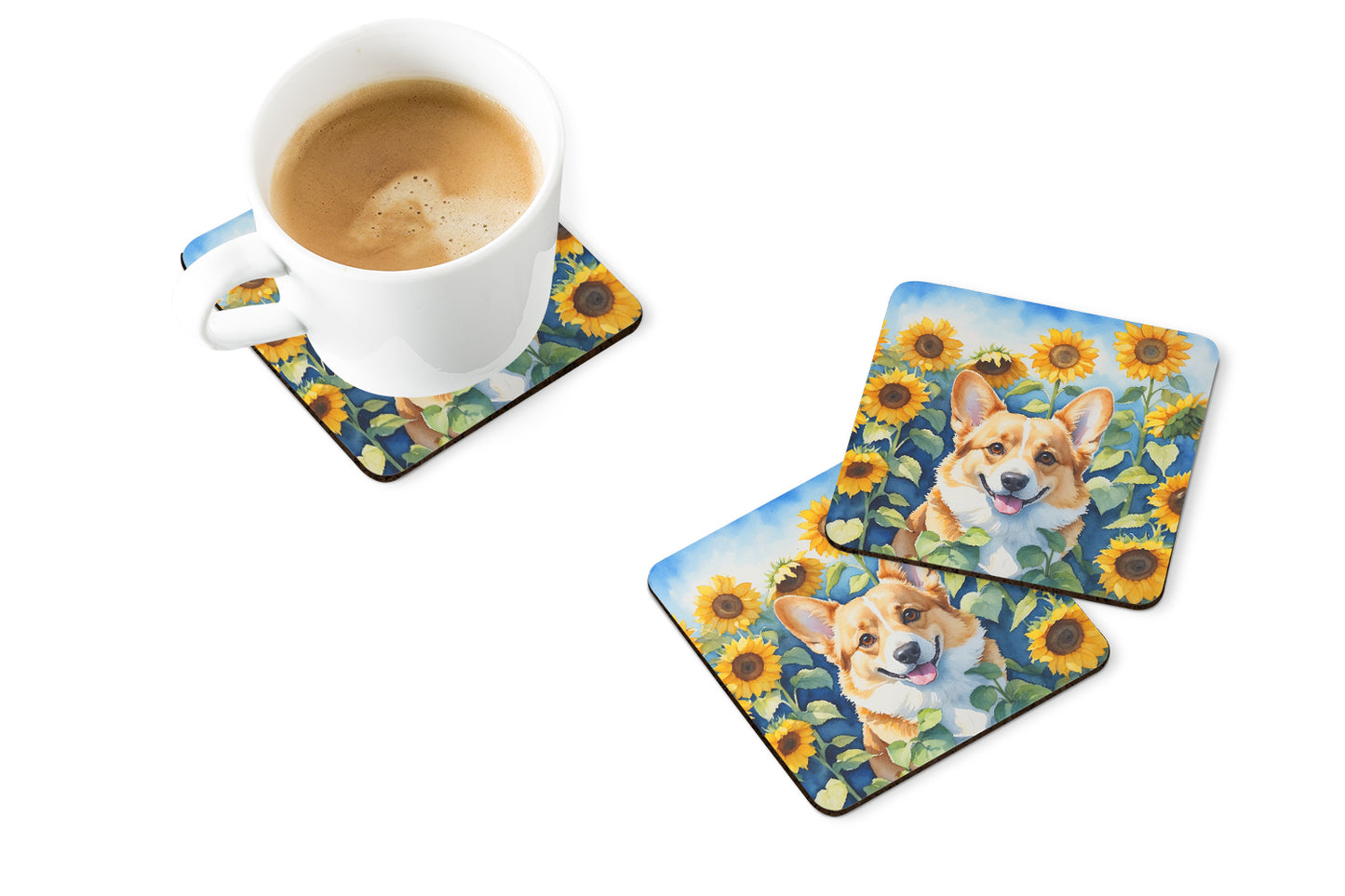 Corgi in Sunflowers Foam Coasters