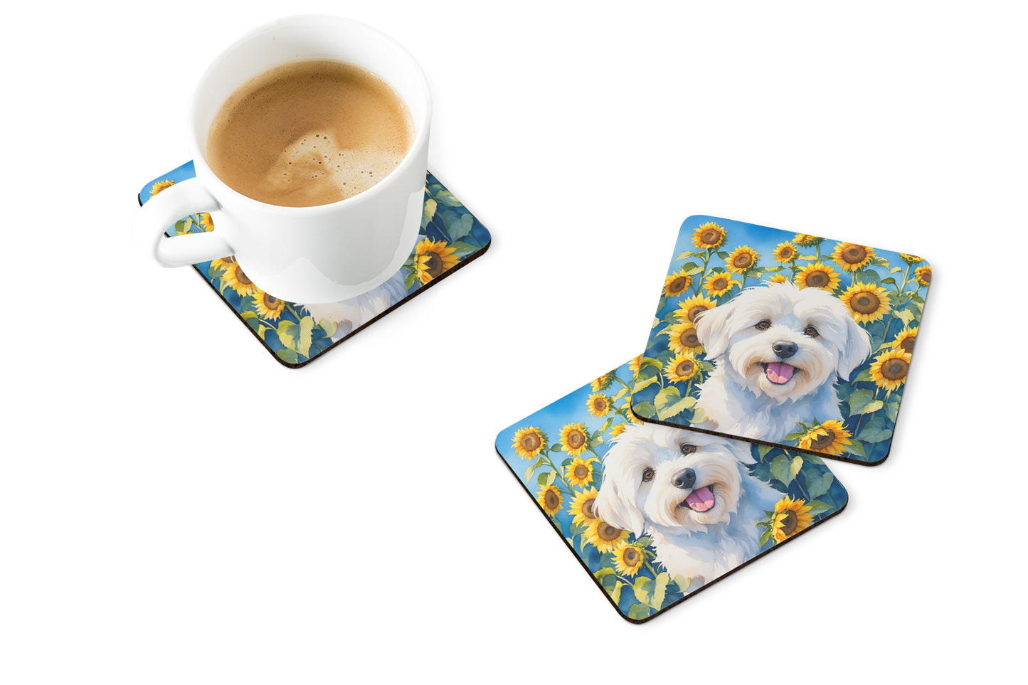 Coton de Tulear in Sunflowers Foam Coasters