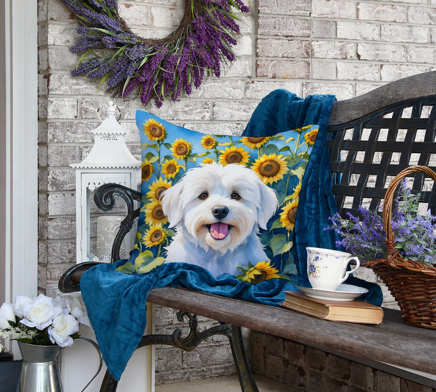Coton de Tulear in Sunflowers Throw Pillow