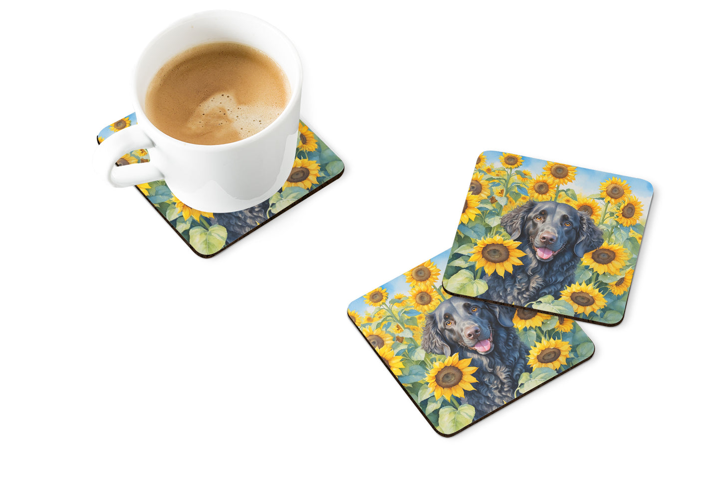 Curly-Coated Retriever in Sunflowers Foam Coasters