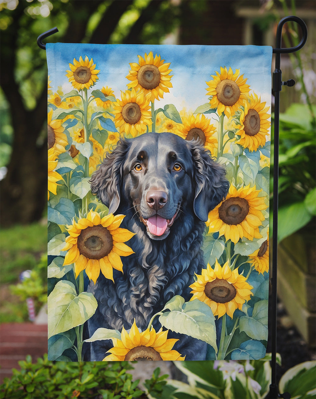 Curly-Coated Retriever in Sunflowers Garden Flag
