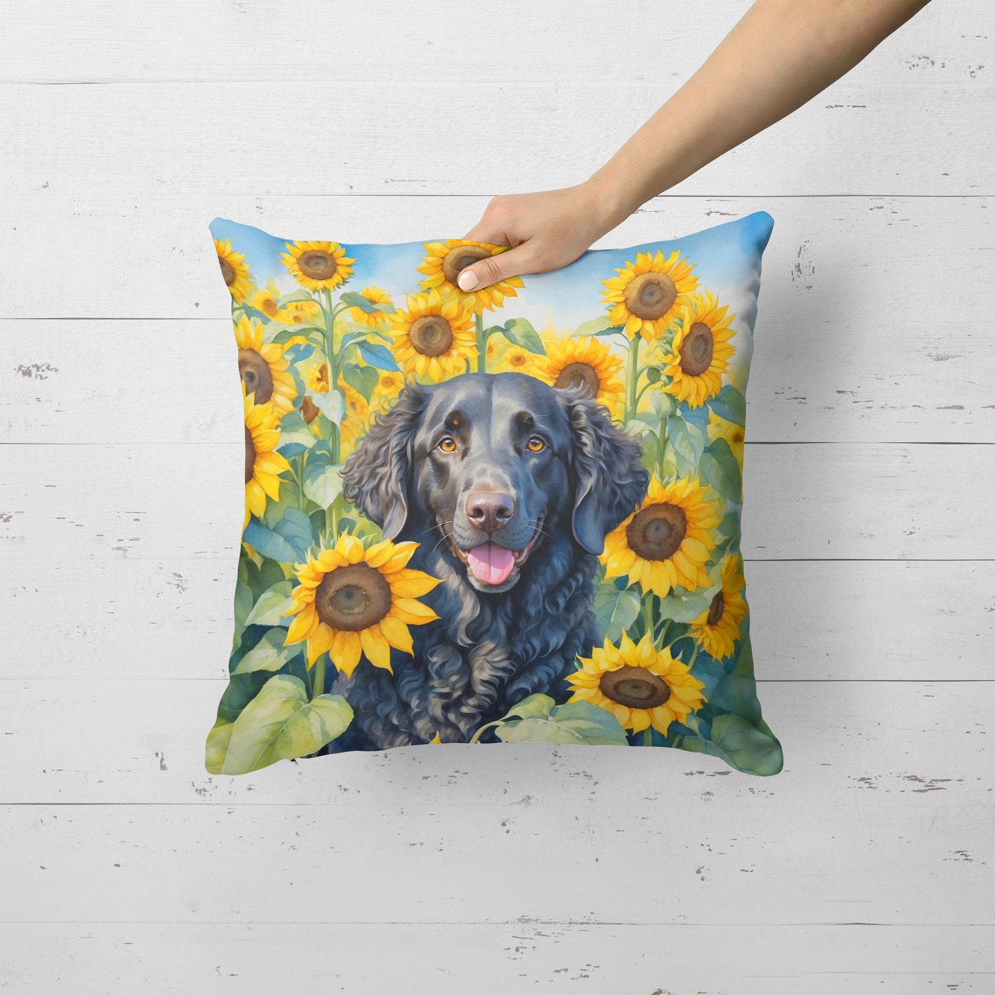 Curly-Coated Retriever in Sunflowers Throw Pillow