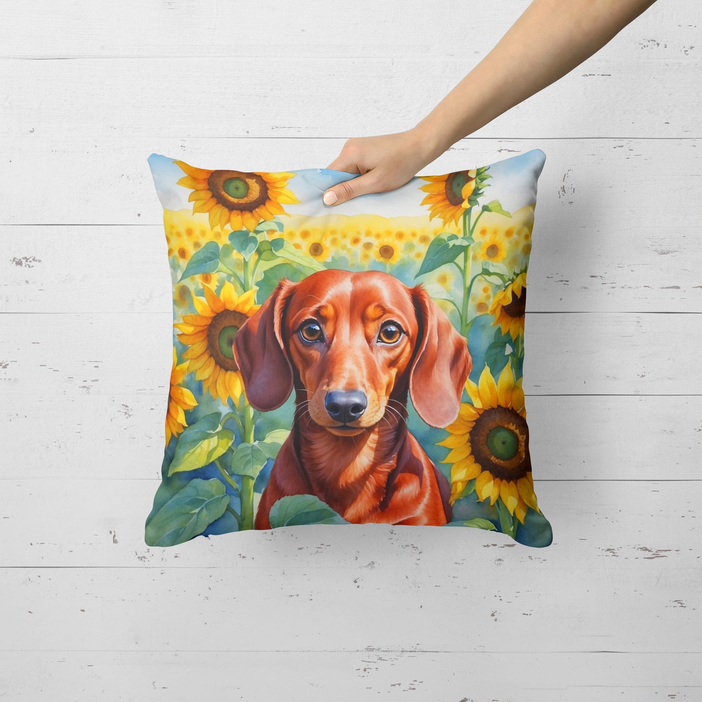 Dachshund in Sunflowers Throw Pillow