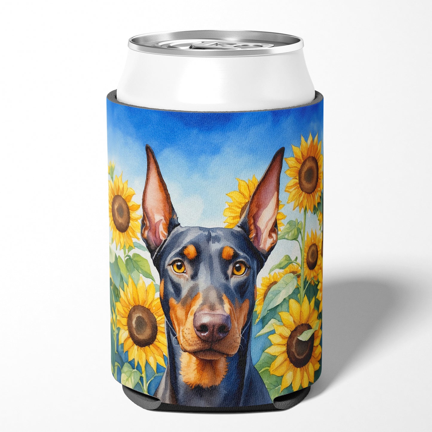 Doberman Pinscher in Sunflowers Can or Bottle Hugger