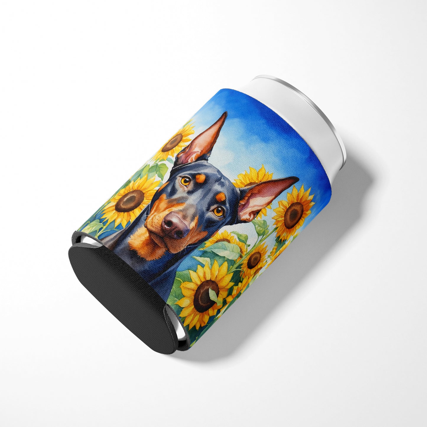 Doberman Pinscher in Sunflowers Can or Bottle Hugger