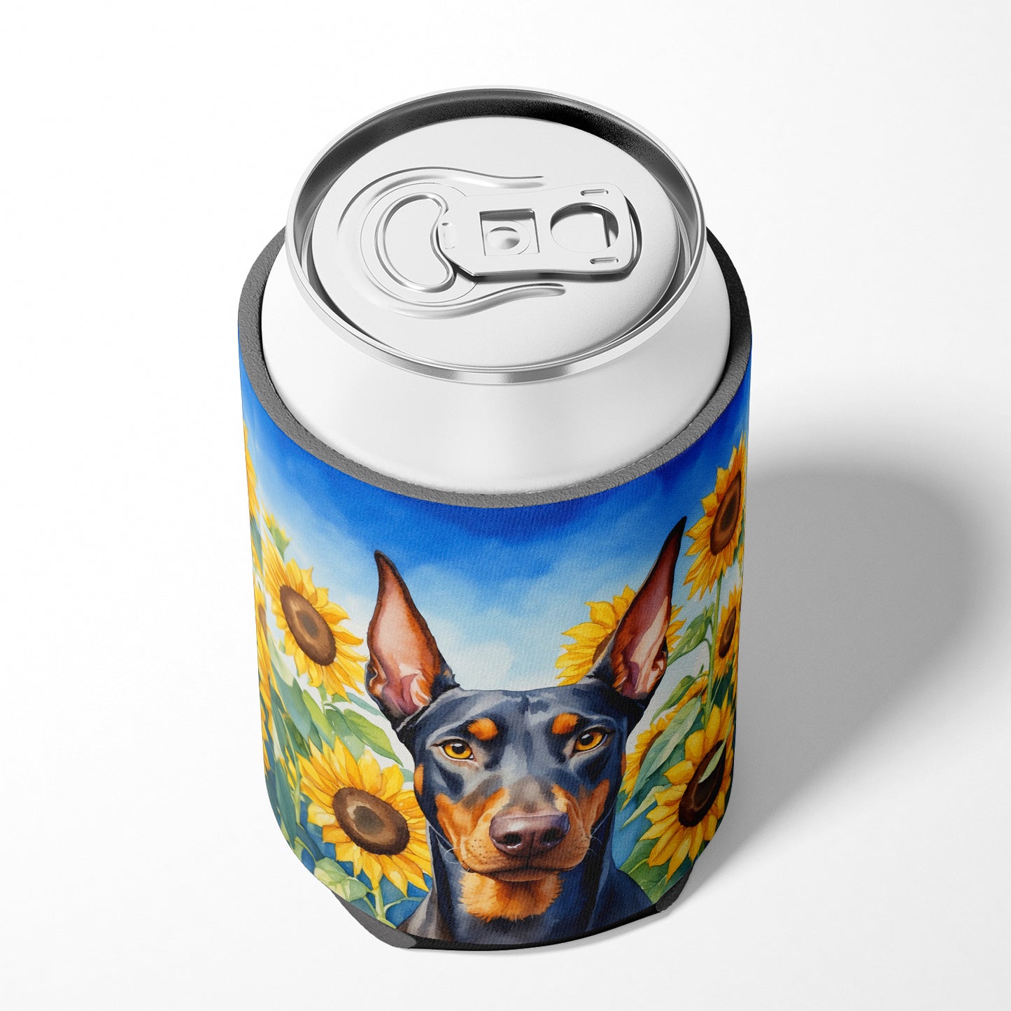 Doberman Pinscher in Sunflowers Can or Bottle Hugger