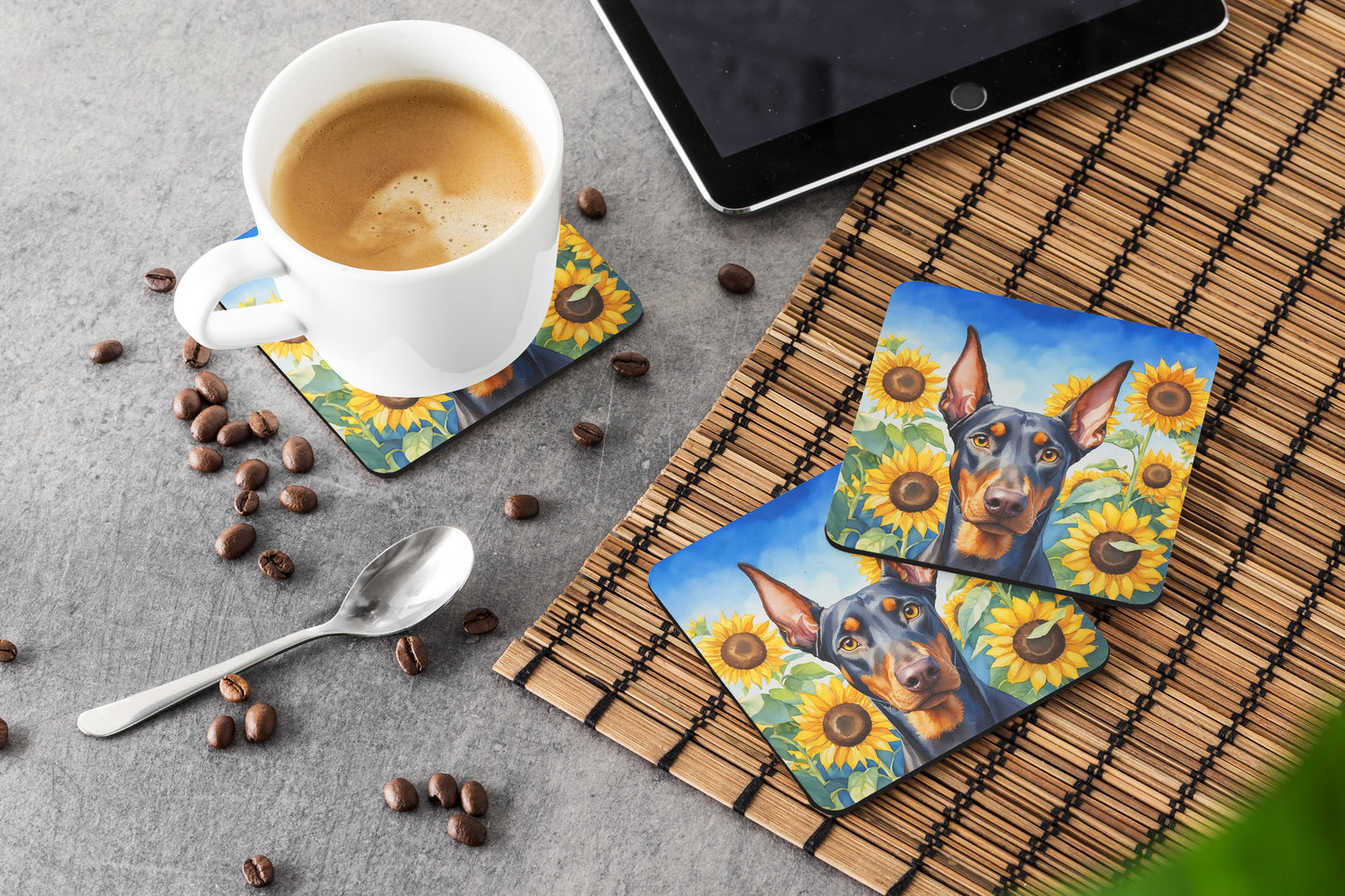 Doberman Pinscher in Sunflowers Foam Coasters