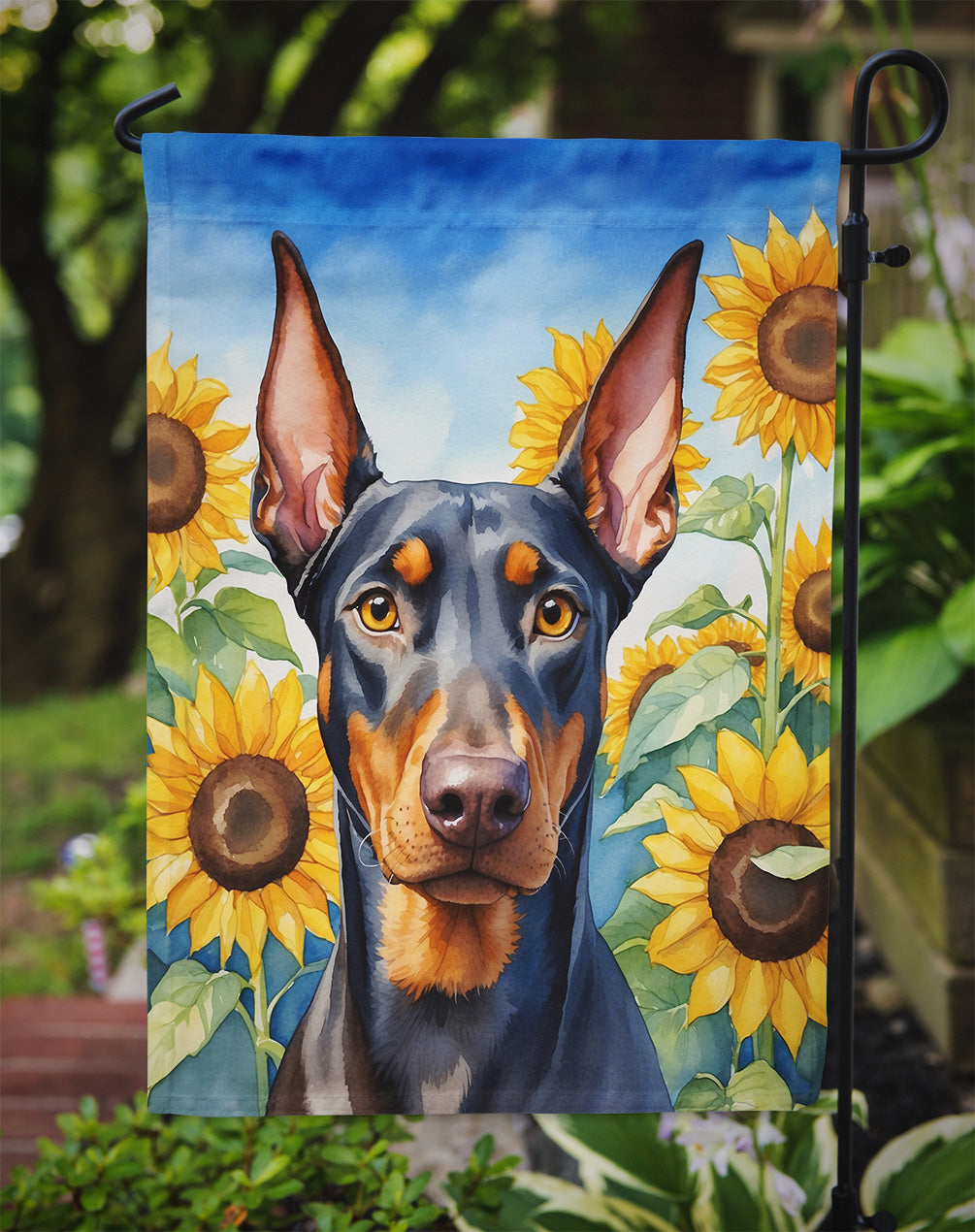 Doberman Pinscher in Sunflowers Garden Flag