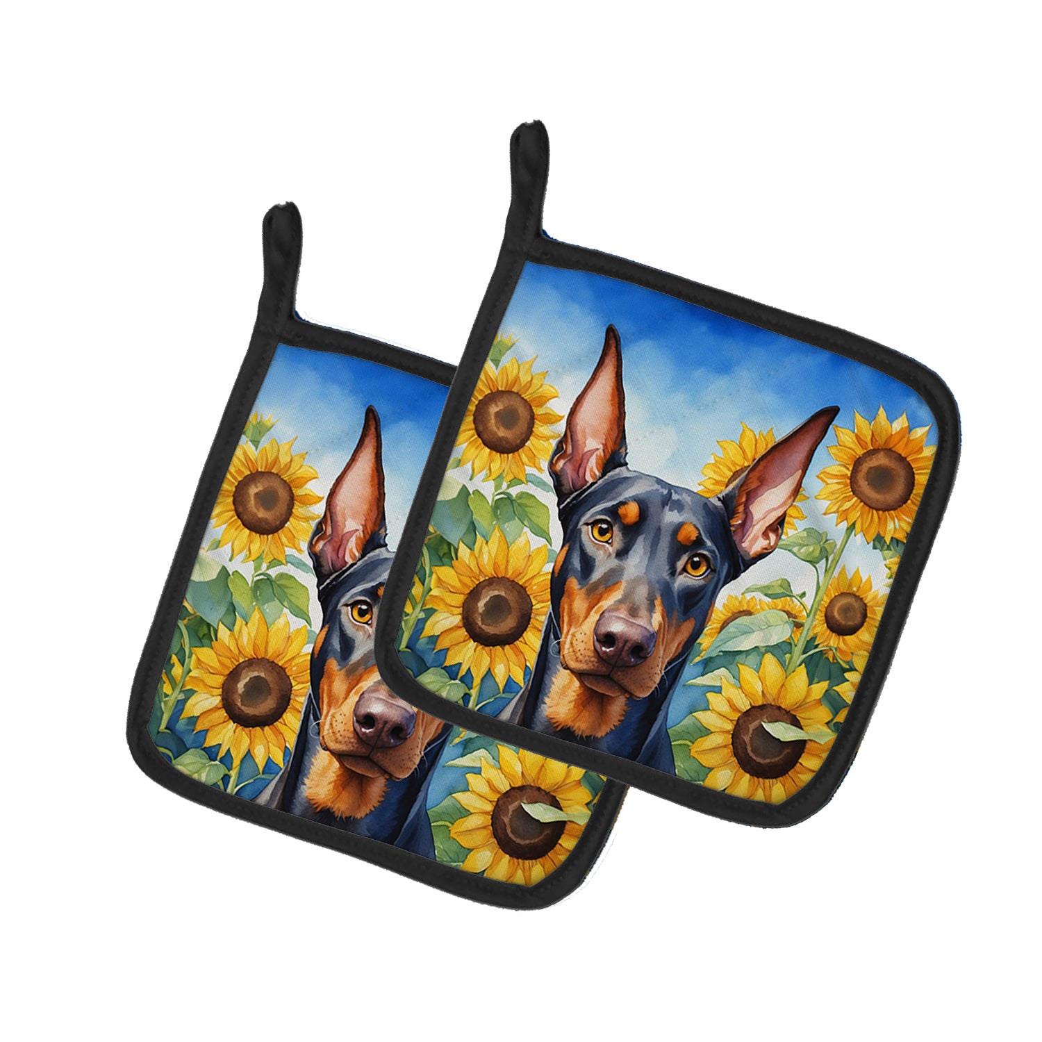 Buy this Doberman Pinscher in Sunflowers Pair of Pot Holders