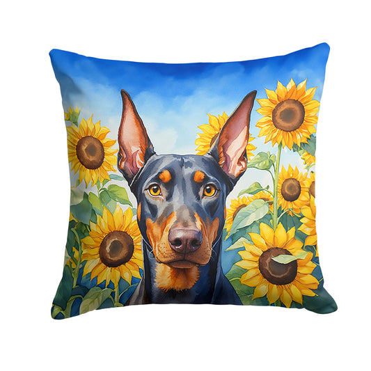 Buy this Doberman Pinscher in Sunflowers Throw Pillow