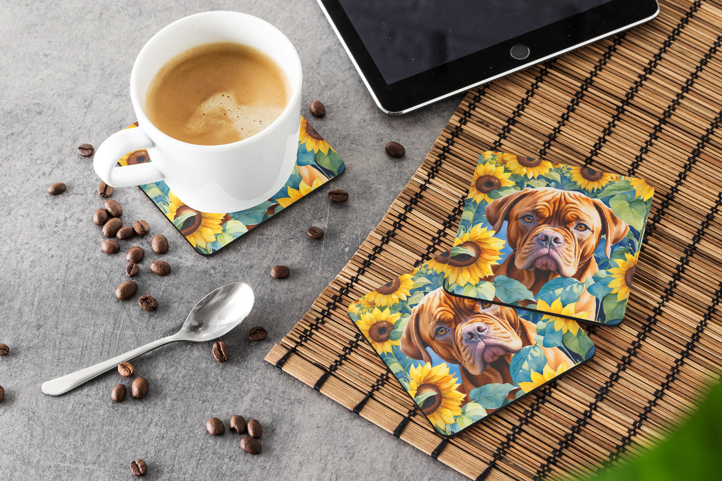 Dogue de Bordeaux in Sunflowers Foam Coasters