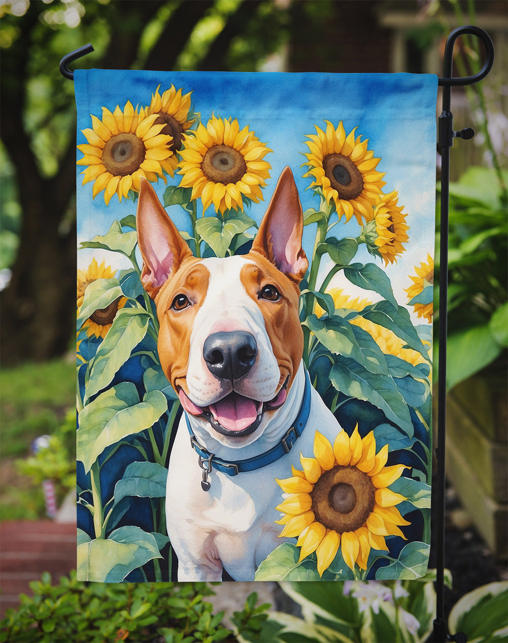 English Bull Terrier in Sunflowers Garden Flag