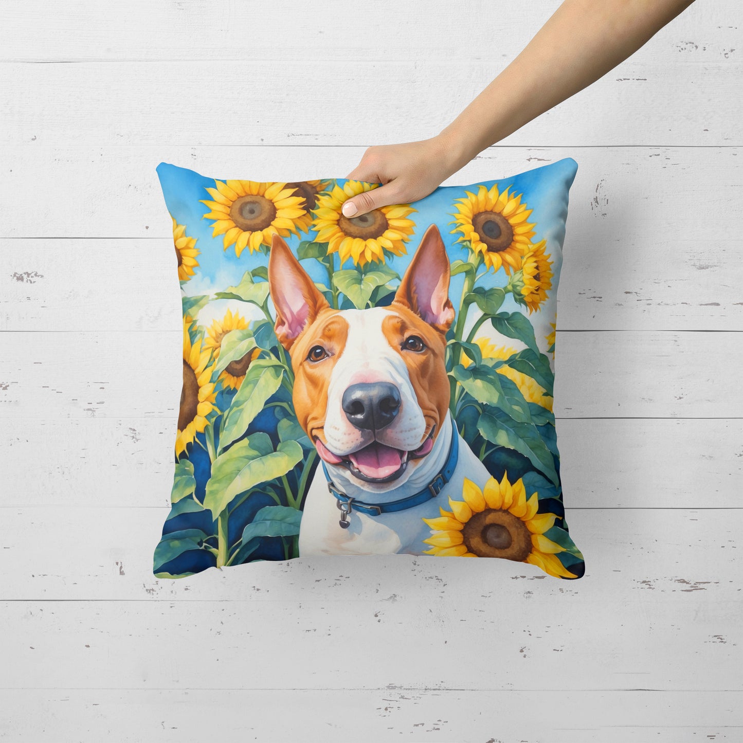 English Bull Terrier in Sunflowers Throw Pillow