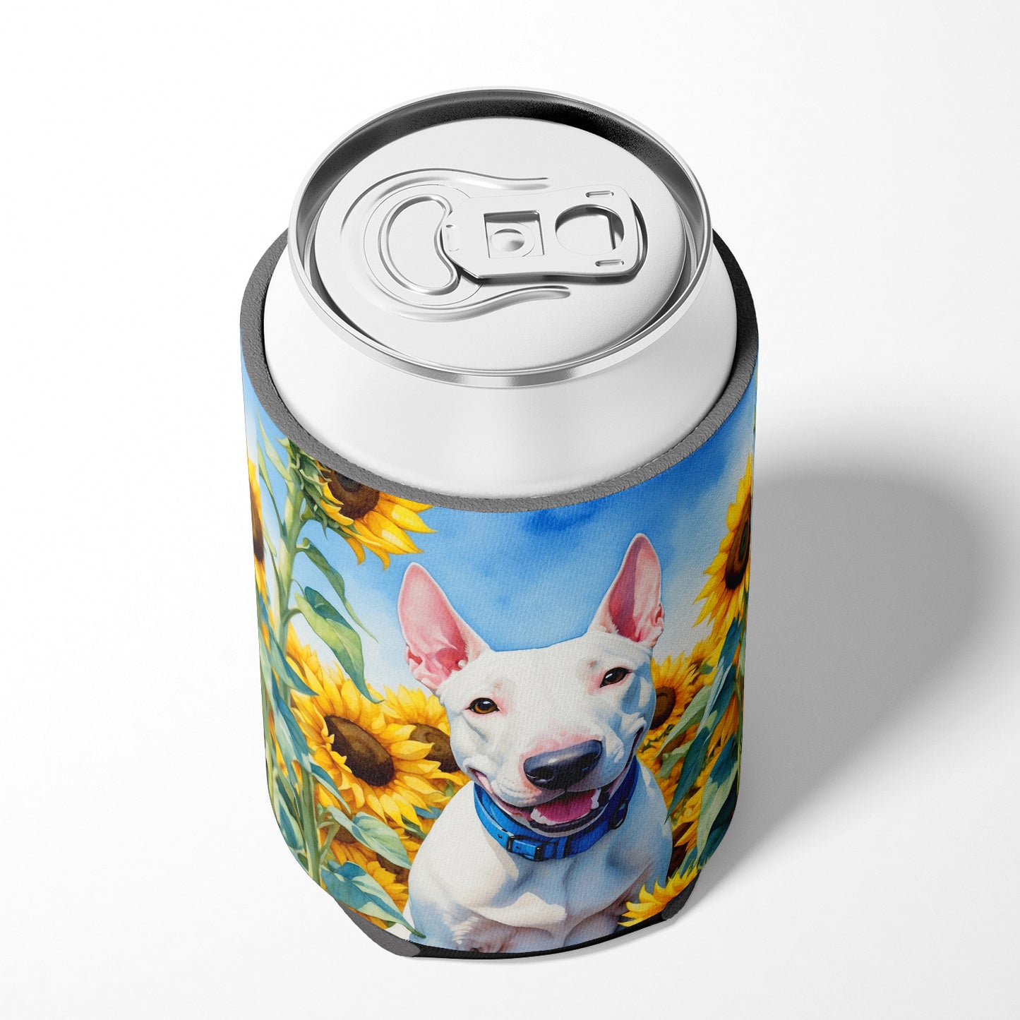 English Bull Terrier in Sunflowers Can or Bottle Hugger