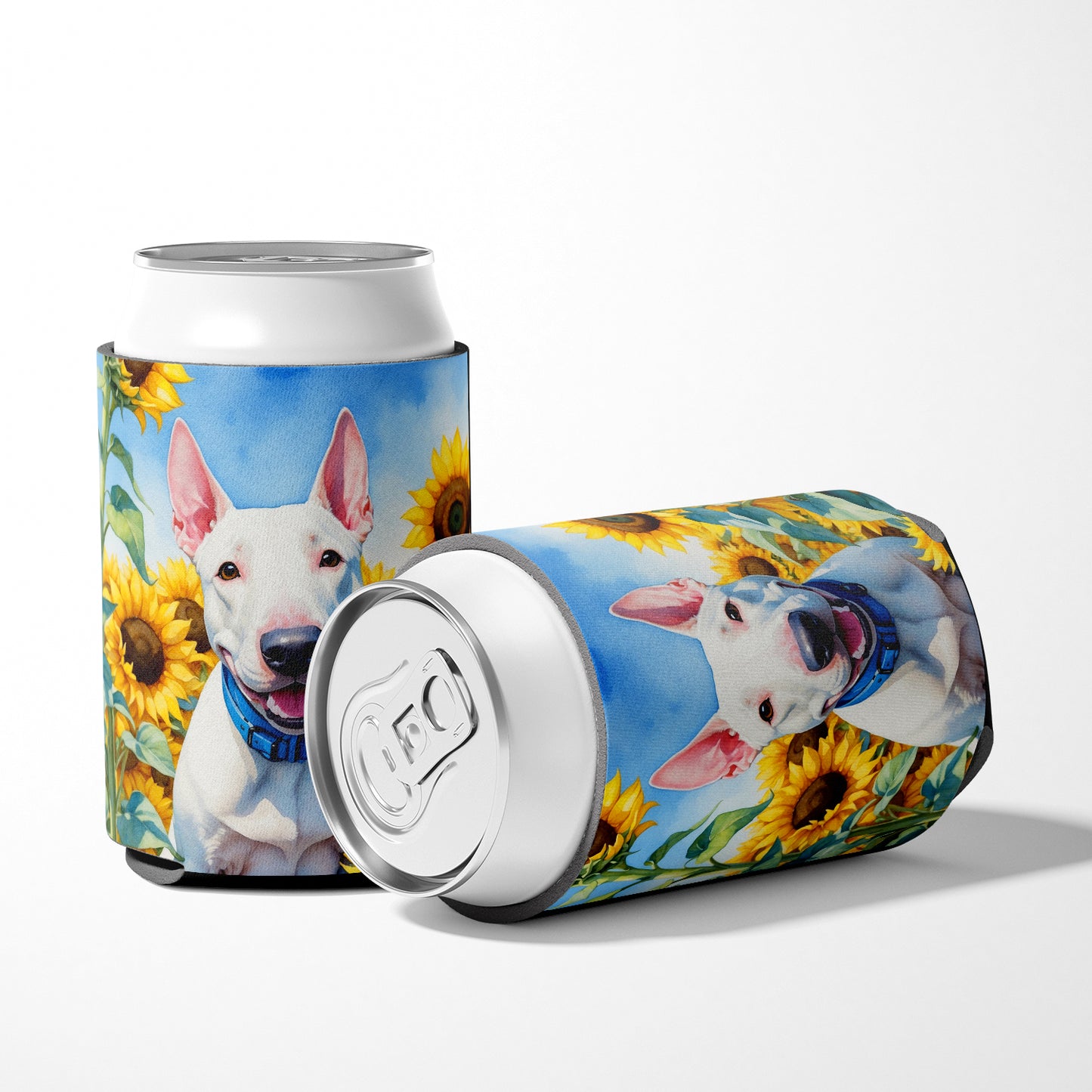 English Bull Terrier in Sunflowers Can or Bottle Hugger