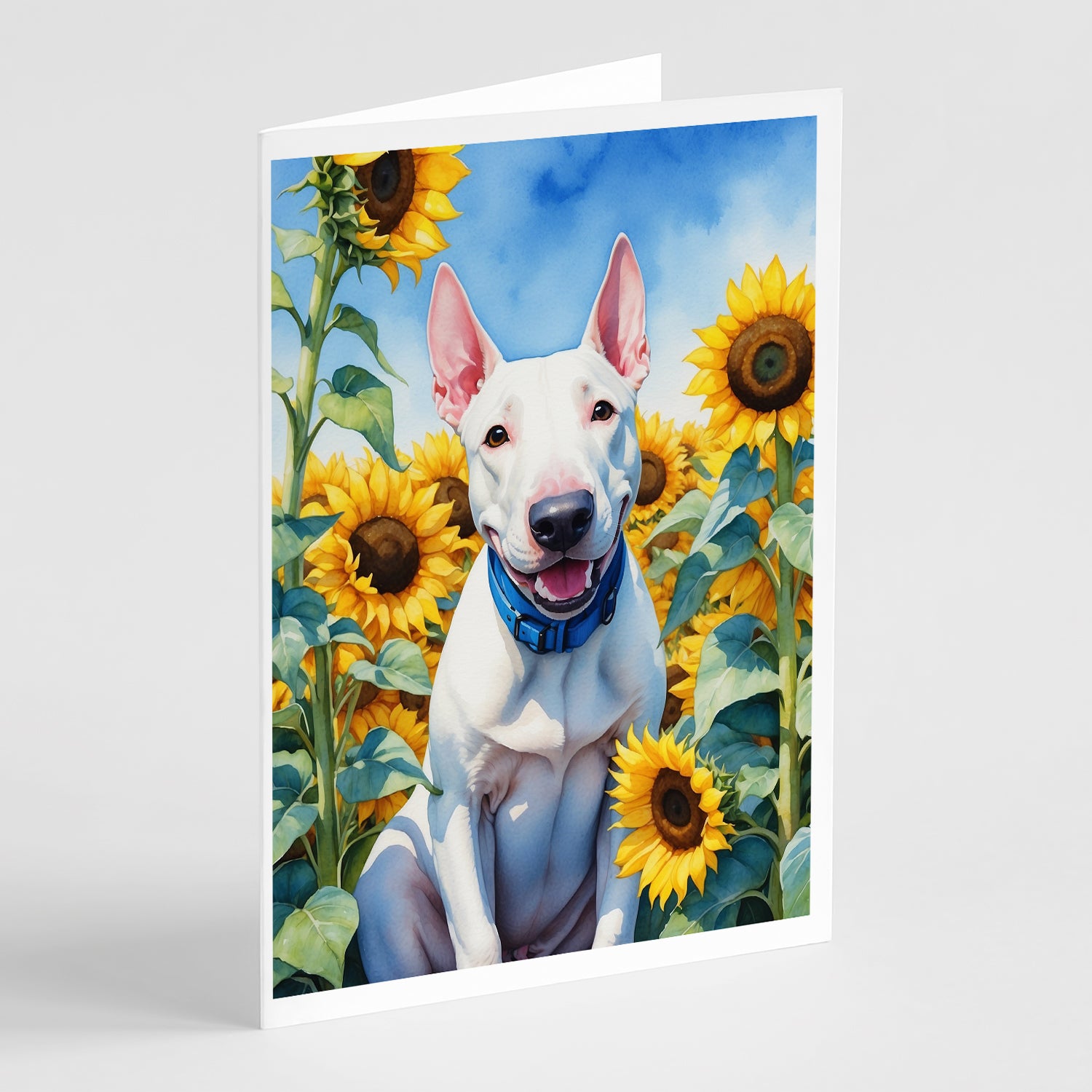 Buy this English Bull Terrier in Sunflowers Greeting Cards Pack of 8