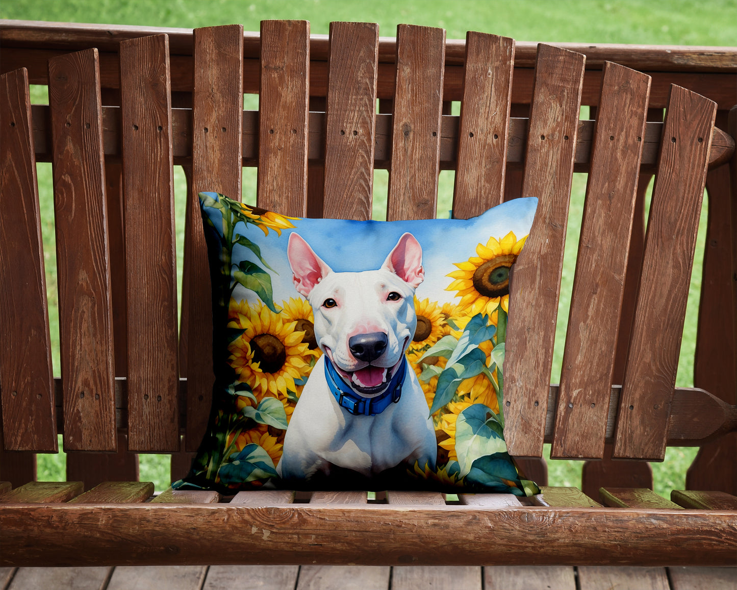 English Bull Terrier in Sunflowers Throw Pillow