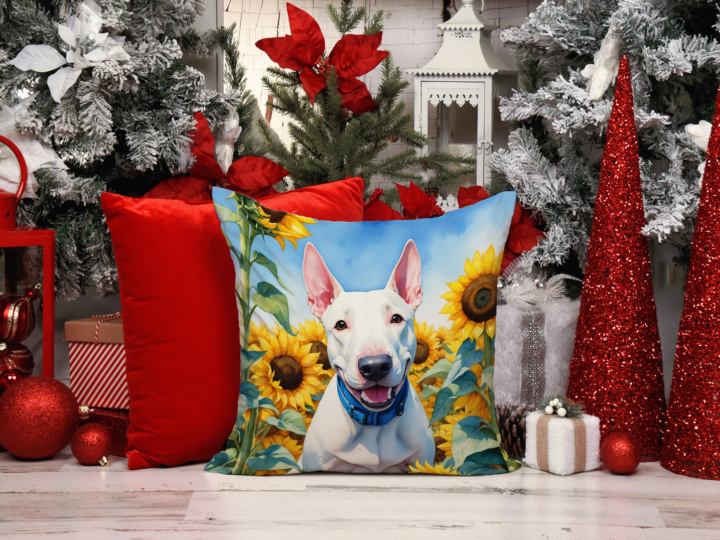 English Bull Terrier in Sunflowers Throw Pillow