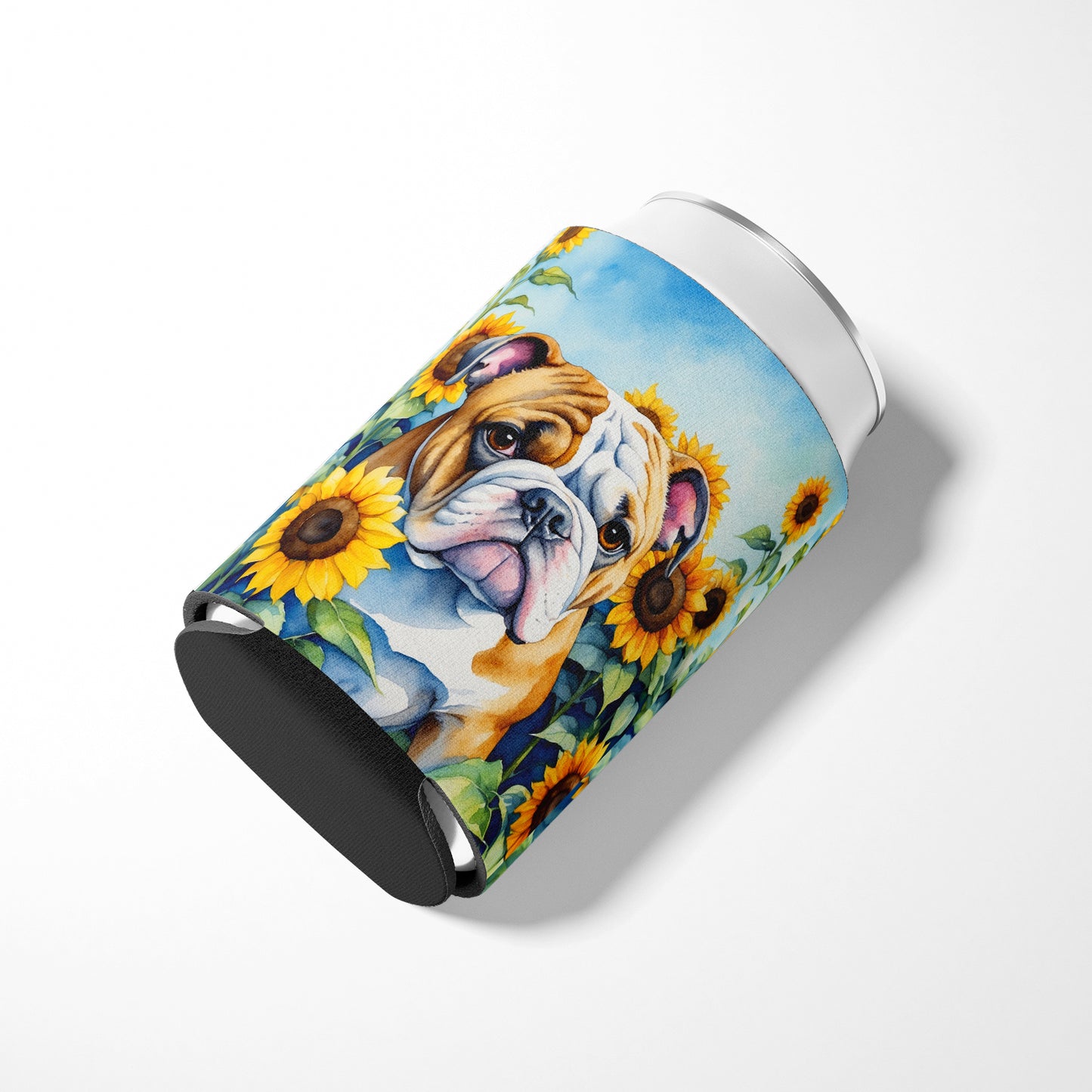 English Bulldog in Sunflowers Can or Bottle Hugger