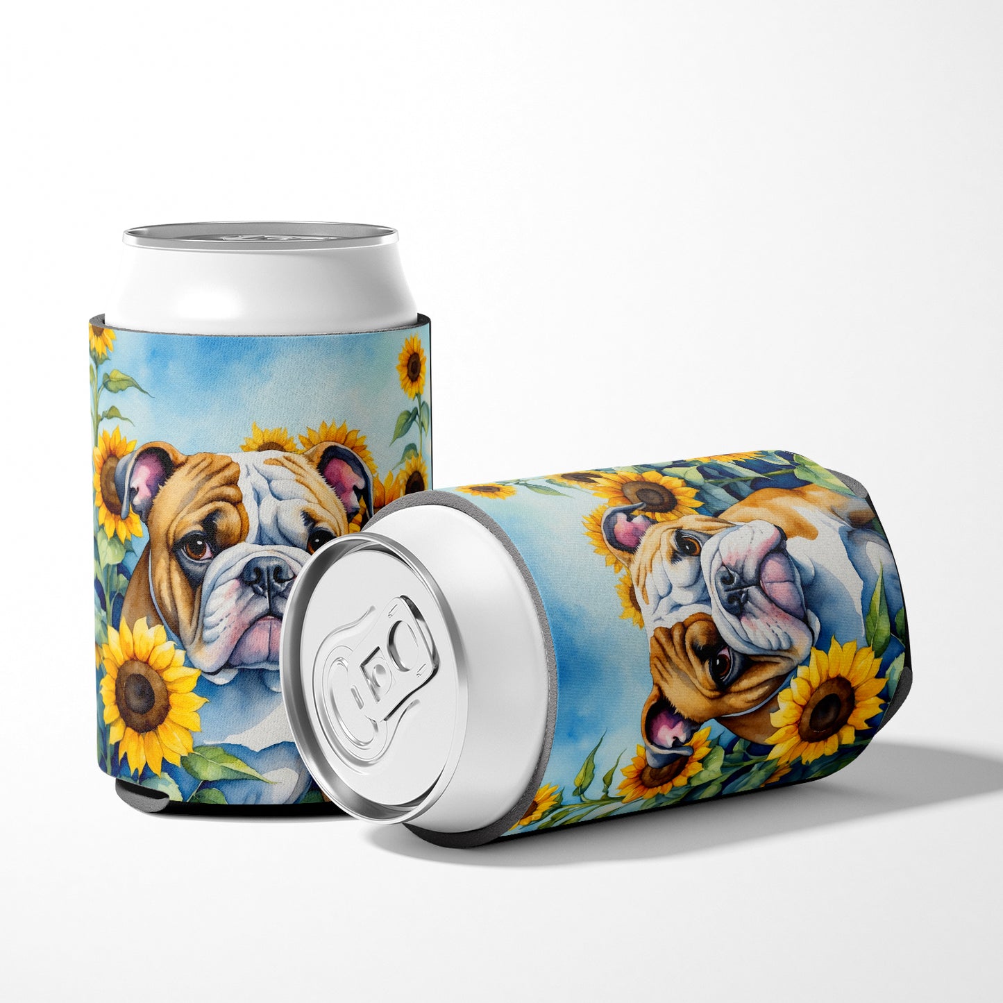 English Bulldog in Sunflowers Can or Bottle Hugger