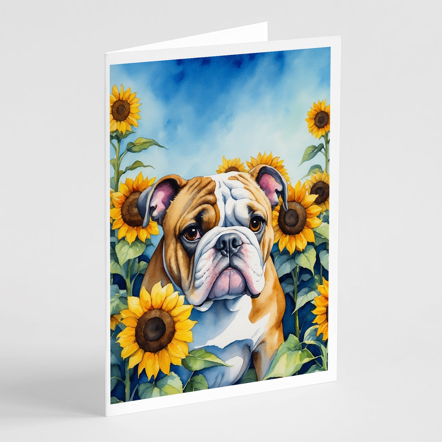 Buy this English Bulldog in Sunflowers Greeting Cards Pack of 8