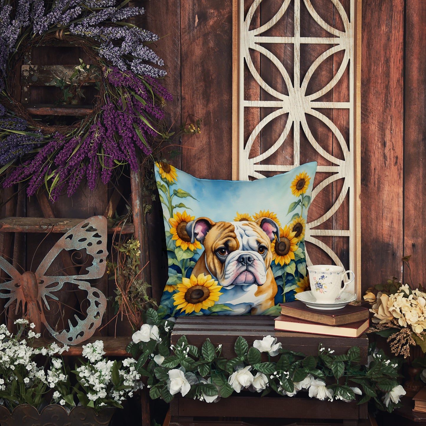 English Bulldog in Sunflowers Throw Pillow