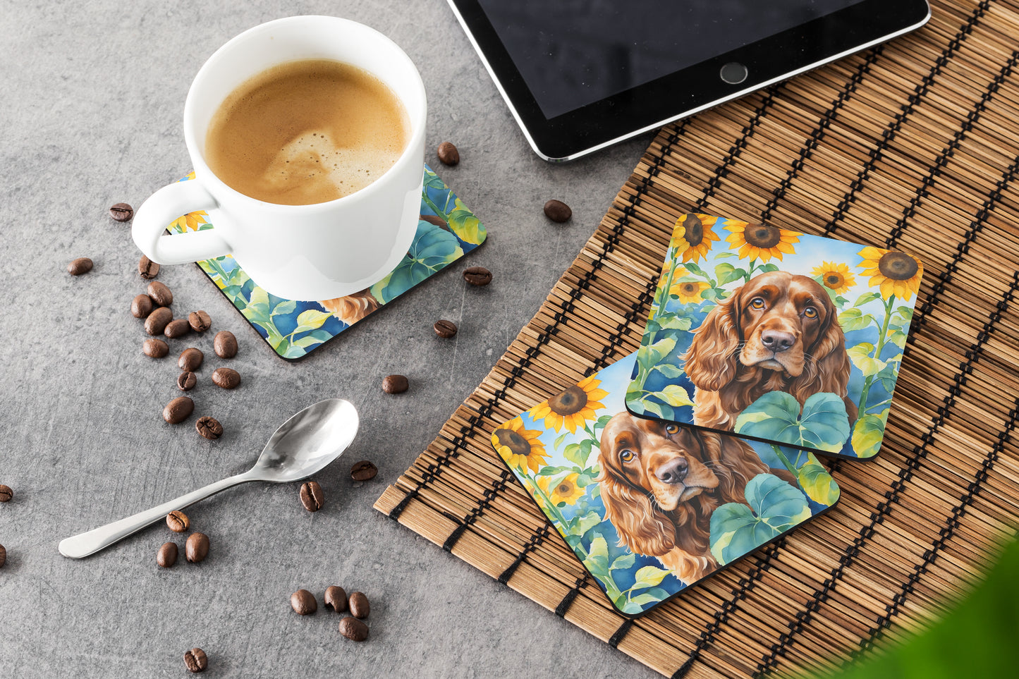 English Cocker Spaniel in Sunflowers Foam Coasters