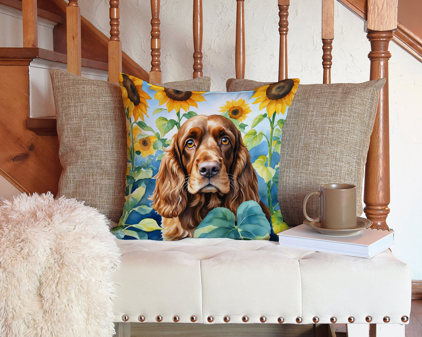 English Cocker Spaniel in Sunflowers Throw Pillow