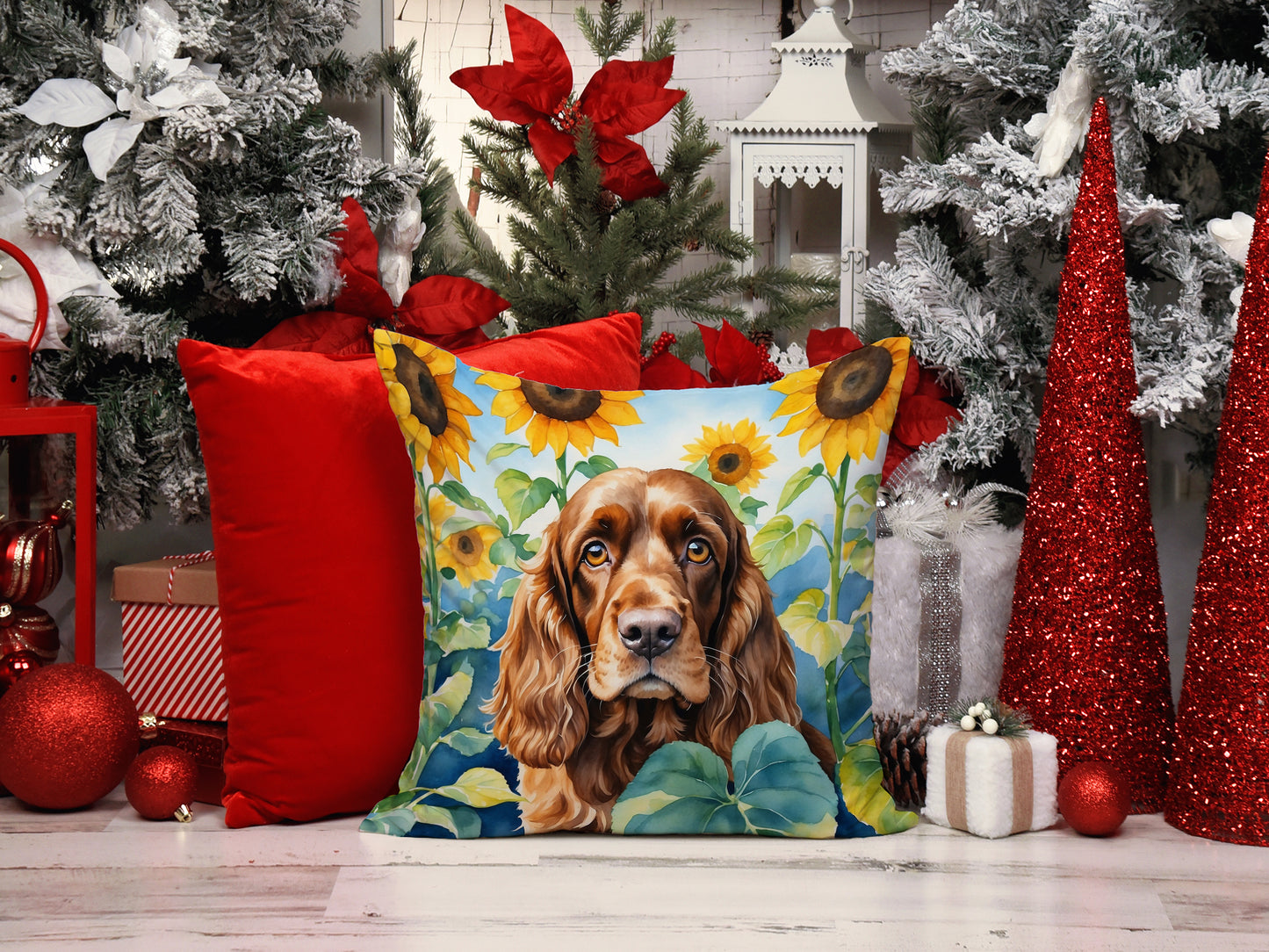 English Cocker Spaniel in Sunflowers Throw Pillow