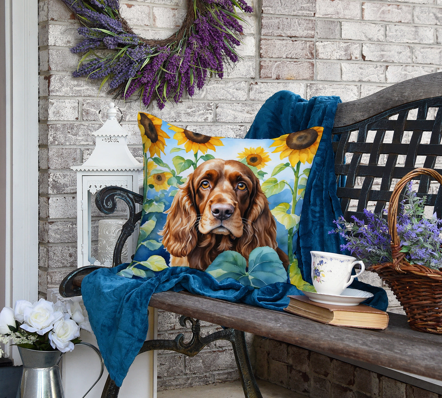 English Cocker Spaniel in Sunflowers Throw Pillow