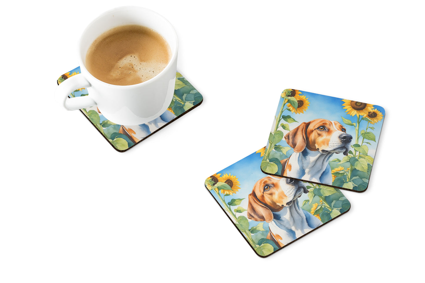 English Foxhound in Sunflowers Foam Coasters