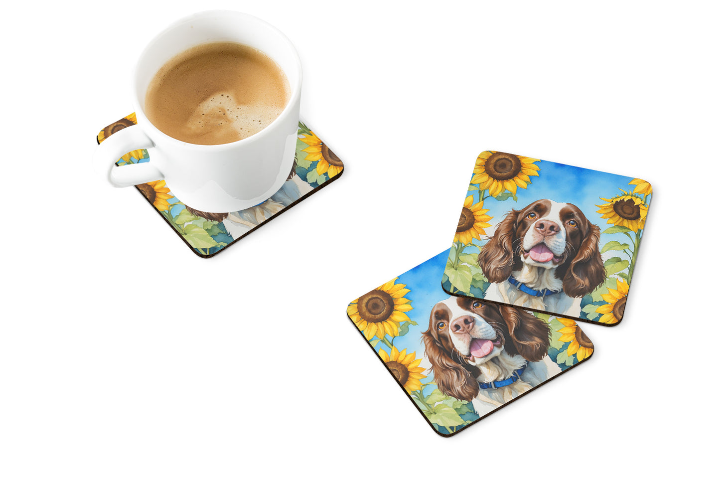 English Springer Spaniel in Sunflowers Foam Coasters