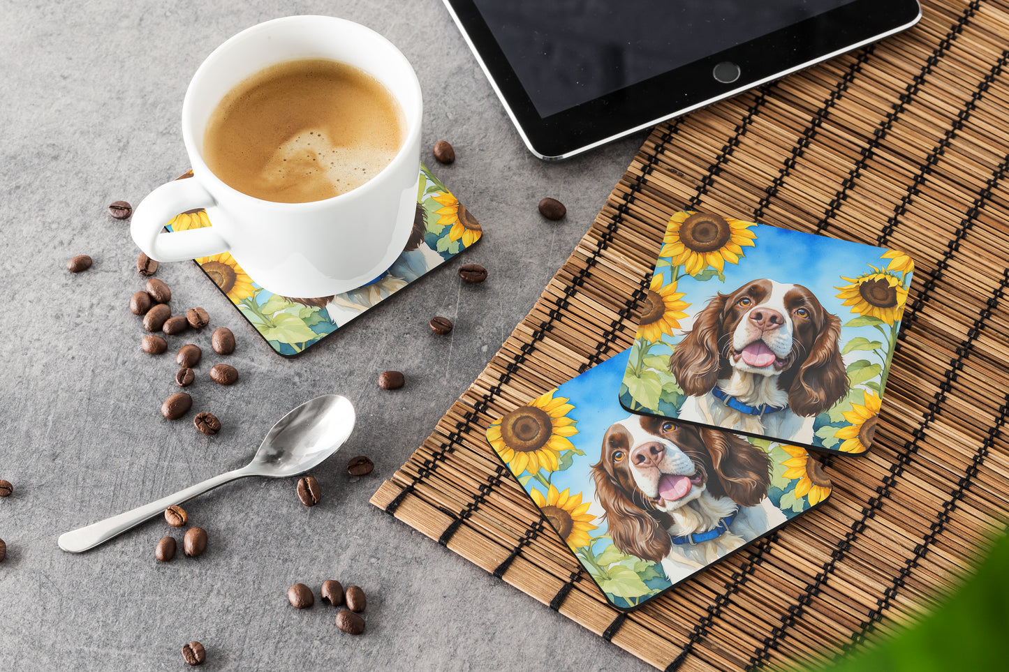 English Springer Spaniel in Sunflowers Foam Coasters